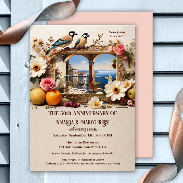 Convites Vintage Partido Romântico Italiano (Vintage romantic Italian wedding anniversary invitation featuring a still life with love birds)