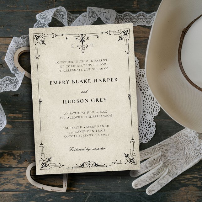 Convites Vintage Patina Country Western Formal Weding (vintage western wedding invitation formal traditional modern classic black white frame elegant chic)