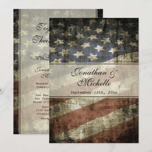 Convites Vintage Patriotic American Flag Wedding (Frente/Verso)