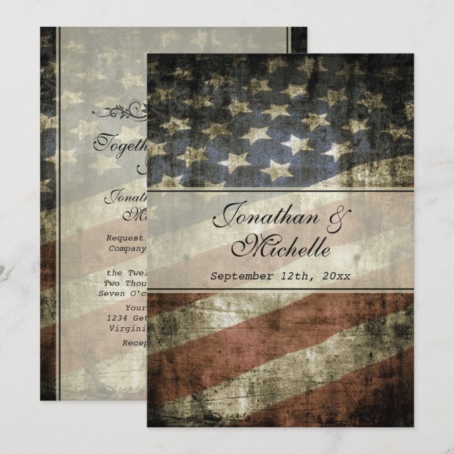Convites Vintage Patriotic American Flag Wedding (Frente/Verso)