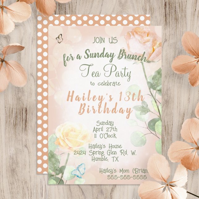 Convites Vintage Peach 13 Birthday Tea Party Brunch (peach pink light green birthday brunch tea party invitation, vintage, cute polka dots, roses)