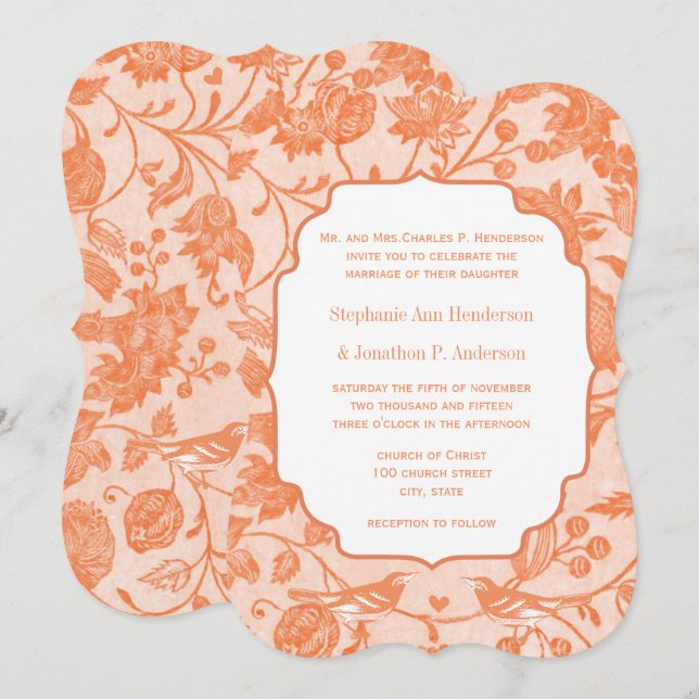 Convites Vintage Peach Floral Pattern Love Bird Weding (Frente/Verso)