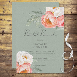 Convites Vintage Peach Peonies em Sage Green Bridal Brunch