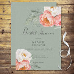Convites Vintage Peach Peonies no Chá de panela Verde Sage<br><div class="desc">Suave e romântico,  este design chá de panela apresenta pêssego esmagado e peônias brancas em um fundo verde-velho macio rachado. Elegante e romântico. Criado pela imprensa simplesmente de farmácia.</div>