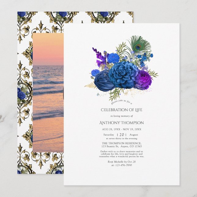 Convites Vintage Peacock Celebração Floral da Vida (Frente/Verso)
