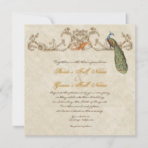 Convites Vintage Peacock & Etchings Casamento Laranja Queim