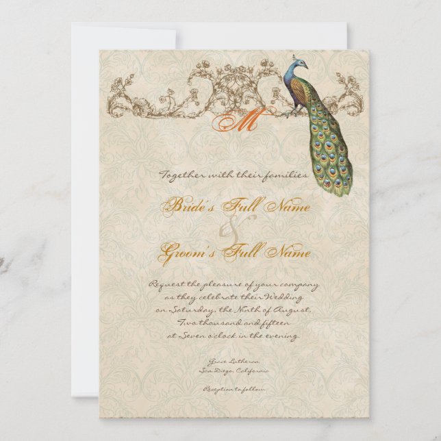 Convites Vintage Peacock & Etchings Queimou Casamento Laran (Frente)