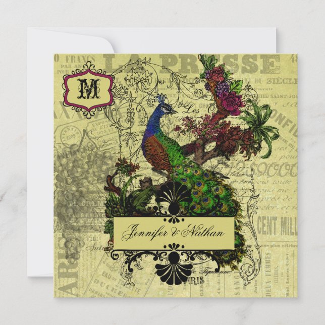 Convites Vintage Peacock Square Weditation (Frente)