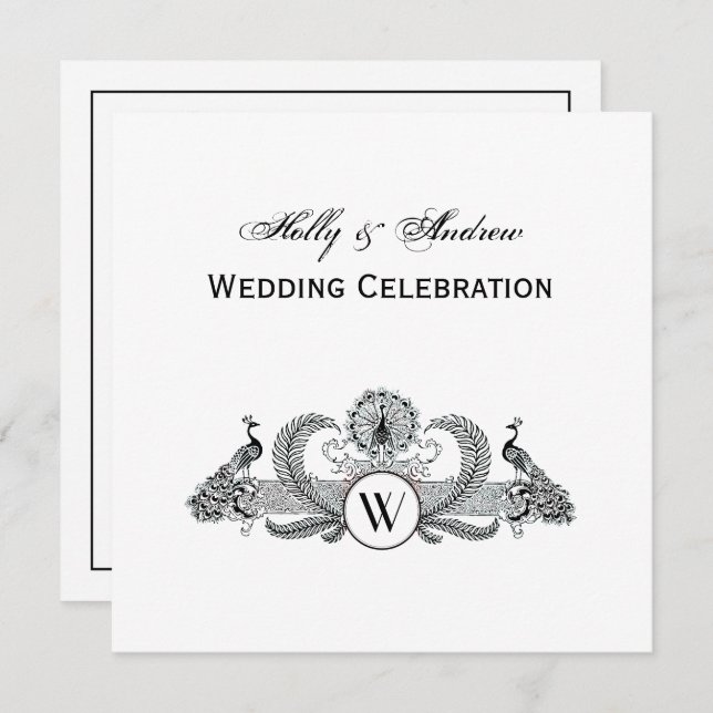 Convites Vintage Peacocks Monograma (Frente/Verso)