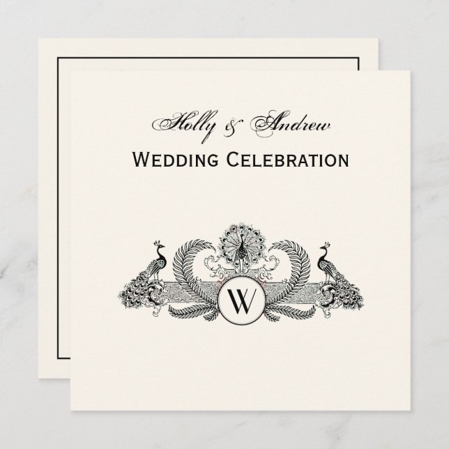 Convites Vintage Peacocks Monograma Ivory BG (Frente/Verso)