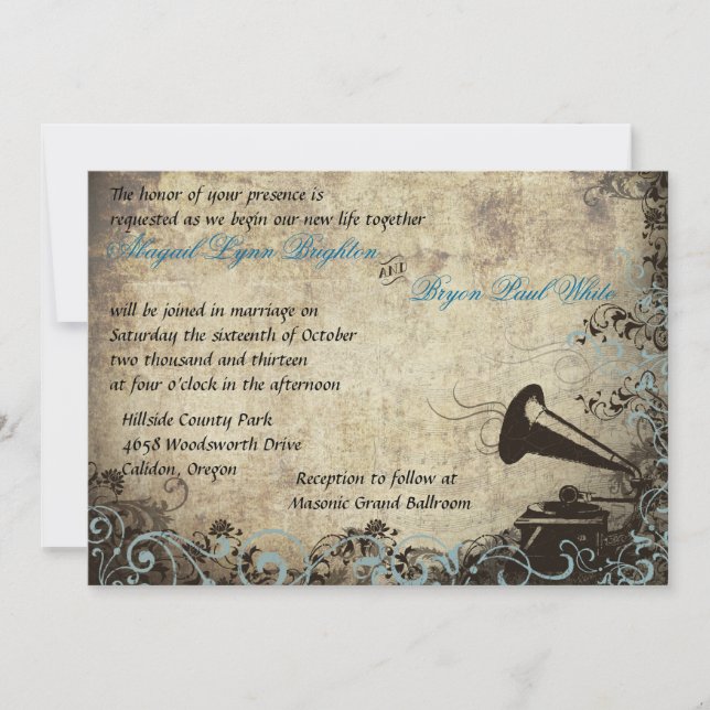 Convites Vintage Phonograph Invitation Light Blue (Frente)