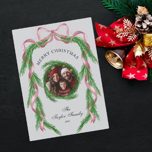 Convites Vintage Photo Pink Ribbon Wreath Feliz Natal