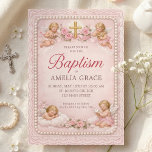 Convites Vintage Pink Cherub and Rose Baptism Invitation<br><div class="desc">This elegant baptism design features soft pink tones, delicate pearl borders, and sweet cherub angels gathered around roses and a gold cross. The classic typography and dreamy lace-inspired background create a gentle, heirloom-style look with a peaceful religious feel. Perfect for families who love vintage-inspired faith artwork, this design blends floral...</div>