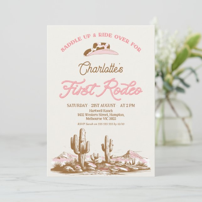 Convites Vintage Pink CowGirl First Rodeo primeiro aniversa (Em pé/Frente)