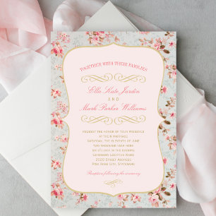 Convites Vintage Pink Dourado Festa de Jardim Floral