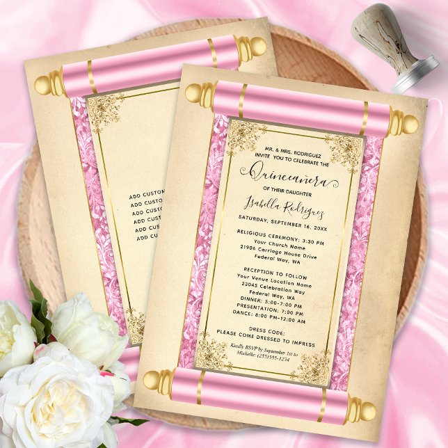 Convites Vintage Pink Dourado Scroll Elegante Quinceañera (Vintage Pink Gold Scroll Elegant Quinceañera Invitation)