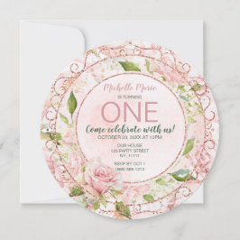 Convites Vintage Pink Dourado Watercolor Floral Primeiro An