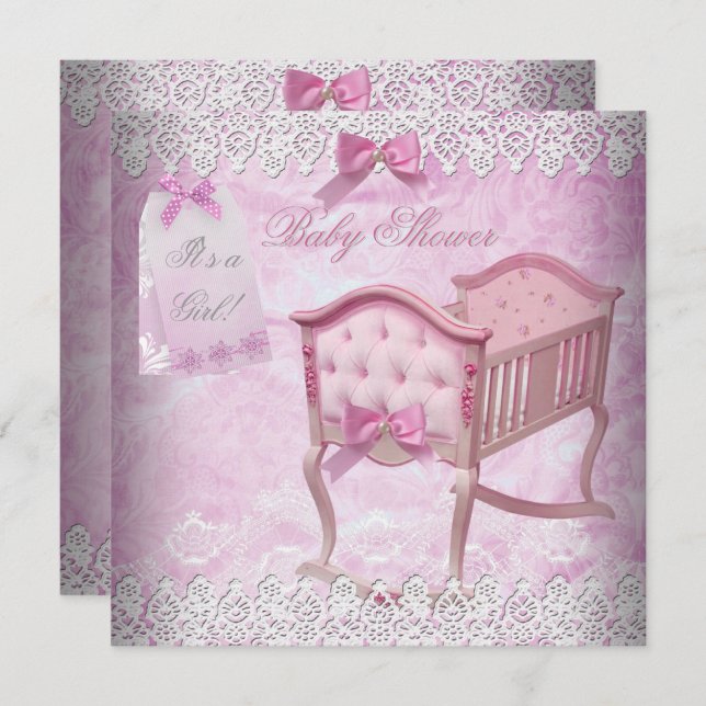Convites Vintage Pink Girl Lace Crib (Frente/Verso)