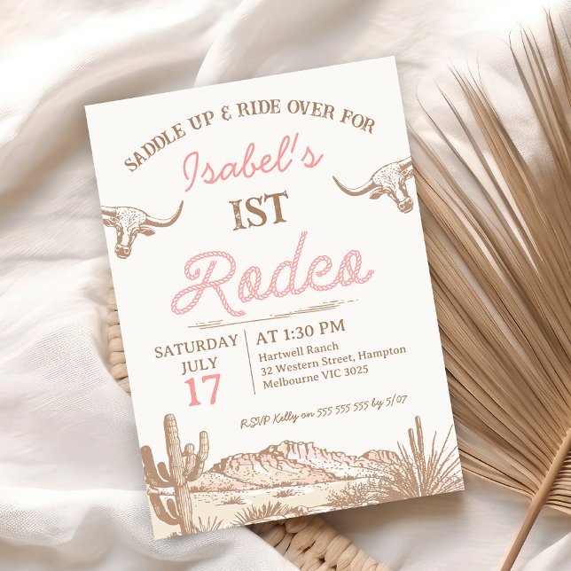 Convites Vintage Pink Girls First Rodeo primeiro aniversari (Vintage First Rodeo 1st Birthday Invitation Girls, 1st Rodeo Birthday Invite, Any Age, Longhorn Cow)
