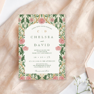 Convites Vintage Pink Green Floral William Morris Wedding