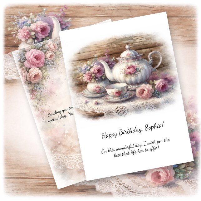 Convites Vintage Pink Tea Setting Birthday | (Criador carregado)