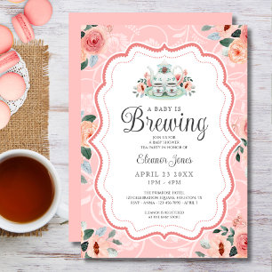 Convites Vintage Pink Watercolor Tea Party - Chá de fraldas