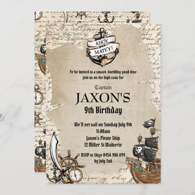 Convites Vintage Pirate Festa de aniversário Ahoy Matey Ant (Frente/Verso)