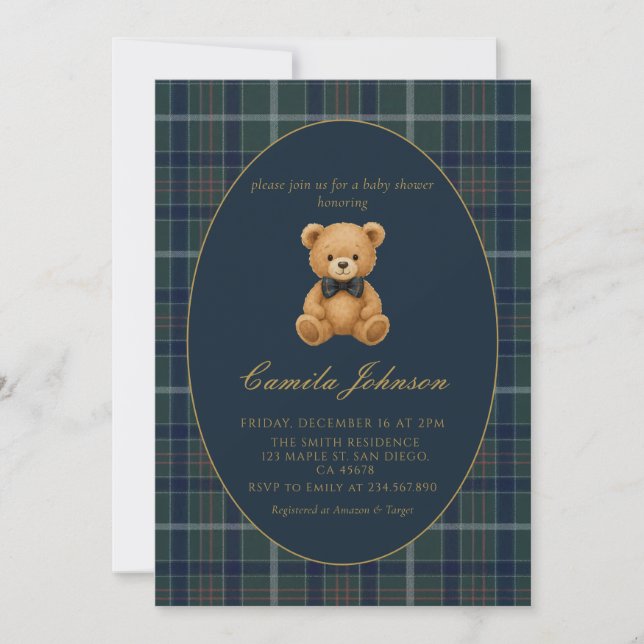 Convites Vintage Plaid Teddy Bear Baby Shower Invitation (Frente)