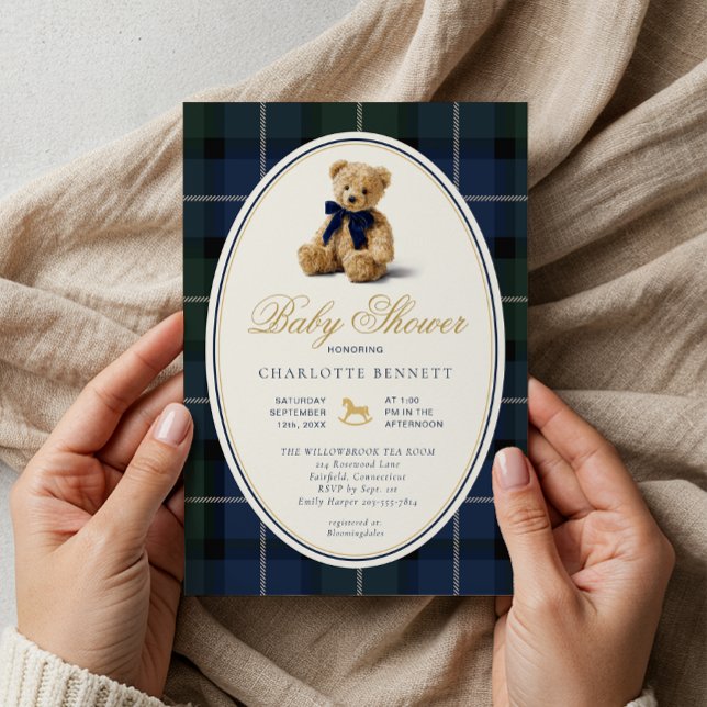 Convites Vintage Polo Teddy Bear Plaid Baby Shower (Timeless Baby Shower Invitation)