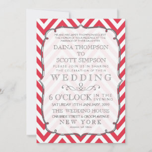 Convites Vintage Poppy Red & White Chevron Stripes Casament