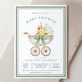 Convites Vintage Pram Baby Shower Sage Green Golden Floral