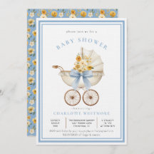 Vintage Pram Baby Shower Sky Blue & Golden Floral
