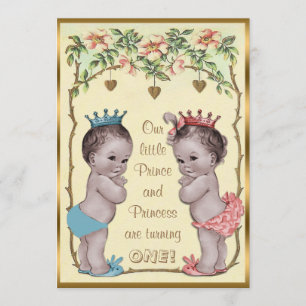 Convites Vintage Prince e Princess Twins Aniversário