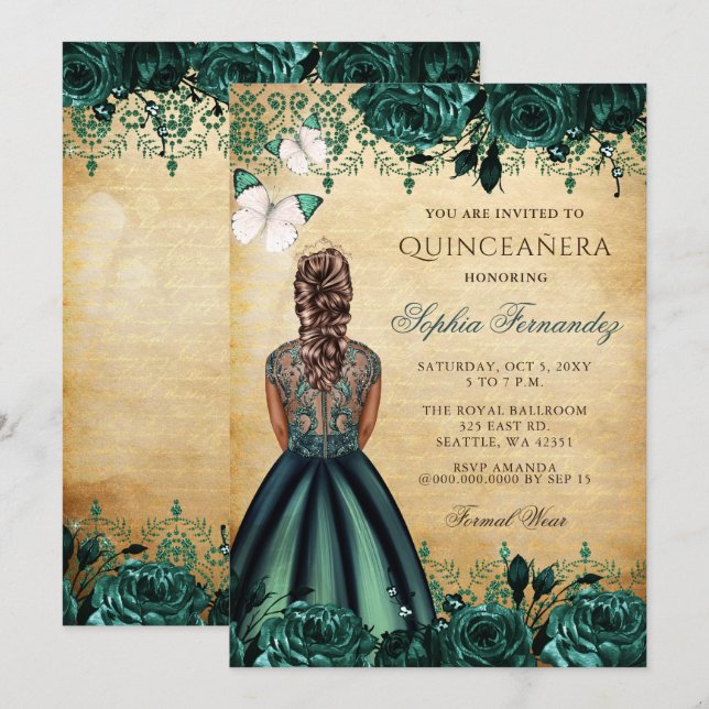 Convites Vintage Princesa Borboleta Verde Quinceañera (Frente/Verso)