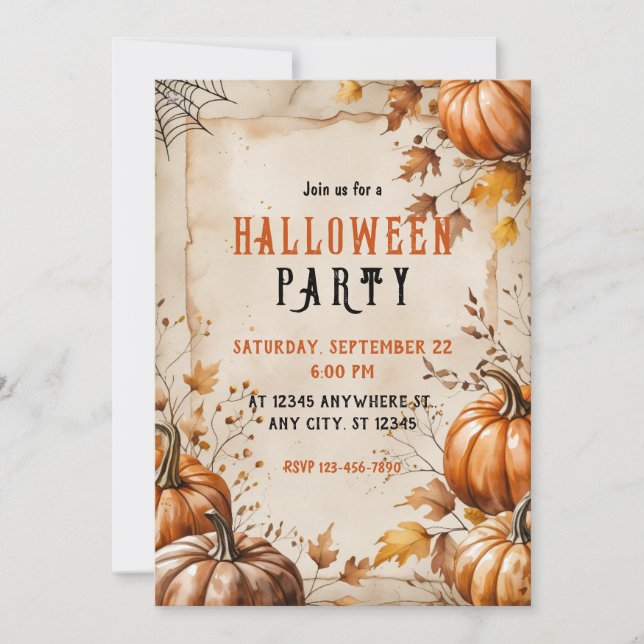 Convites Vintage Pumpkins, Folhas Secas, Festa de Halloween (Frente)