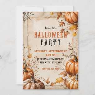 Convites Vintage Pumpkins, Folhas Secas, Festa de Halloween