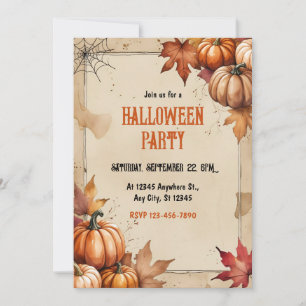 Convites Vintage Pumpkins, Folhas Secas, Festa de Halloween