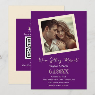 Convites Vintage Purple & Cream Retro Photo Wedding