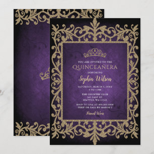 Convites Vintage Purple Dourada Princesa Tiara Quinceañera