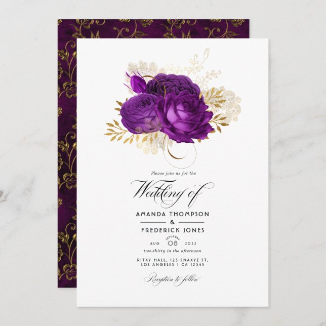 Convites Vintage Purple e Dourado Casamento Floral (Frente/Verso)