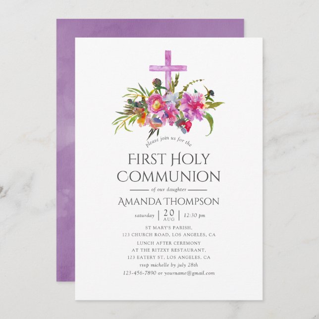Convites Vintage Purple Peonies Primeira Comunhão Santa (Frente/Verso)