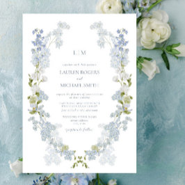 Convites Vintage QR Code Dusty Blue Garden Casamento Monogr