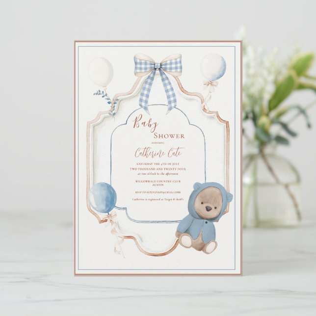 Convites Vintage Quadro Azul Balões Urso Rústico Bebê (Em pé/Frente)