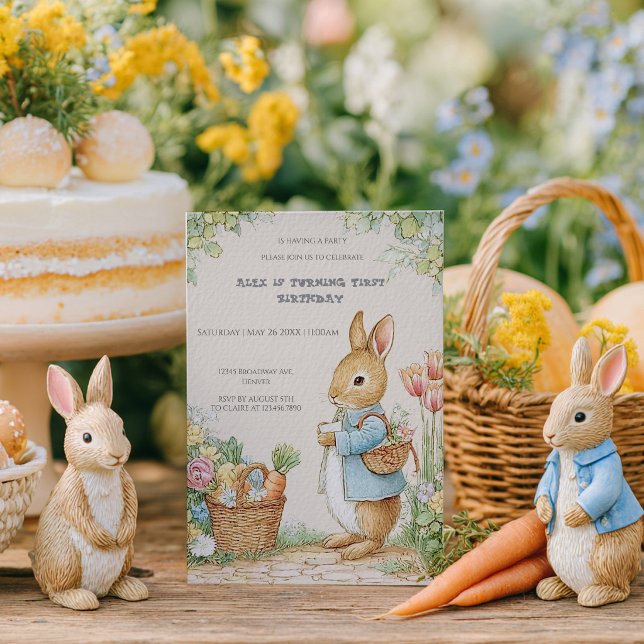 Convites Vintage Rabbit Garden 1st Birthday (Criador carregado)