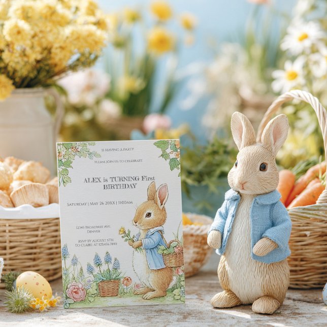 Convites Vintage Rabbit Garden 1st Birthday (Criador carregado)