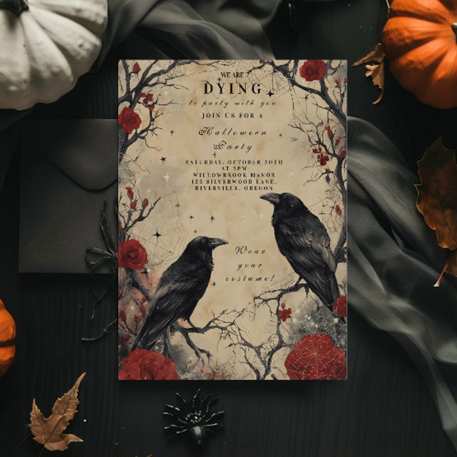 Convites Vintage Raven e Rosa Festa de Halloween (Criador carregado)
