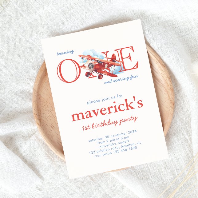 Convites Vintage Red Airplane primeiro aniversario Boy (Criador carregado)