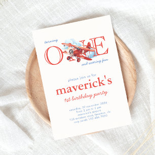 Convites Vintage Red Airplane primeiro aniversario Boy