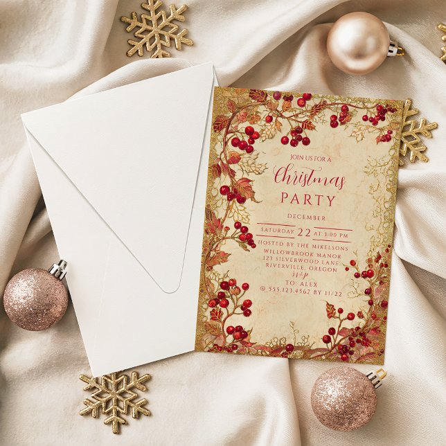 Convites Vintage Red Berry Holiday Party (Criador carregado)