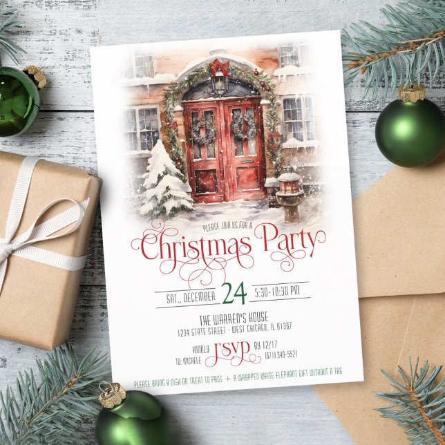 Convites Vintage Red Door Merry Christmas Party (Beautiful watercolor vintage house red door wreath Merry Christmas Party invitation + holiday card)
